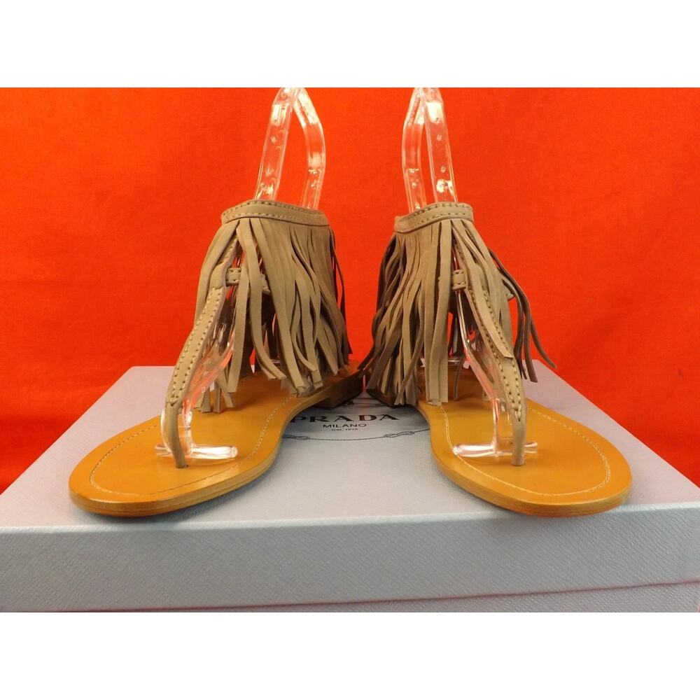 NIB PRADA 1Y703F BEIGE SUEDE FRINGE TRIMMED DOUBLE BUCKLE THONG FLAT SANDALS 36 - Picture 4 of 10